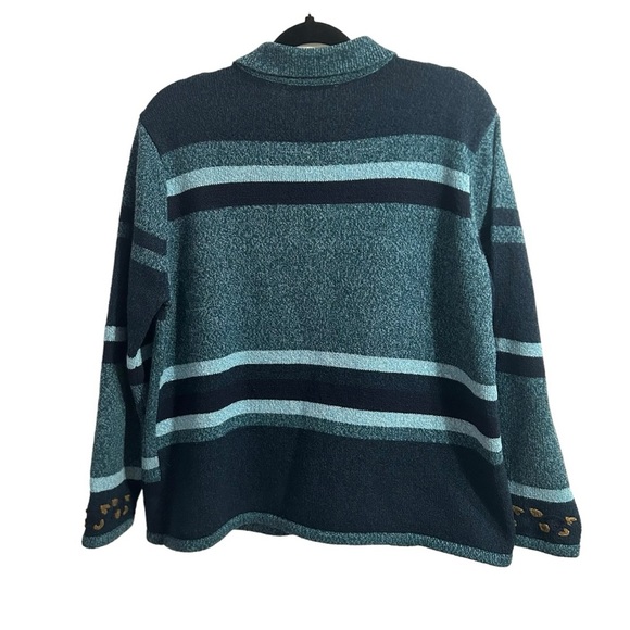 TanJay Petite Teal Navy Floral Embroidered Zip Up Cardigan Women's Size Medium - Picture 5 of 6